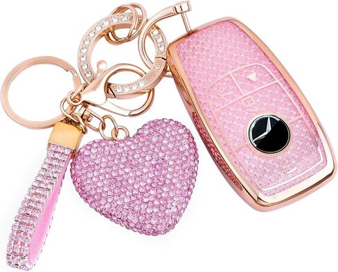 for Mercedes Benz Key fob Cover with Diamond Bling Keychain, Car Accessories Key Shell Full Protection for 2019-2021 A-Class C-Class G-Class 2017-2020 E-Class S-Class,Gold Pink in Saudi Arabia