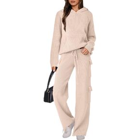 ANRABESS Women’s Two Piece Outfits Casual Knit Hooded Sweater Straight Leg Pants Set 2025 Fall Lounge Travel Clothes
