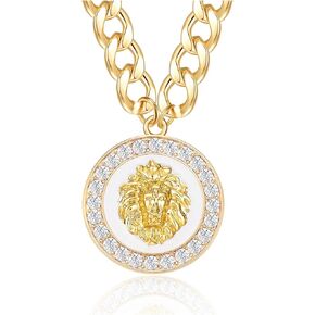 Hip Hop Statement Lion Head Round Pendant Necklace Women's Chunky Chain Crystal Choker Punk Costume Cocktail Jewelry
