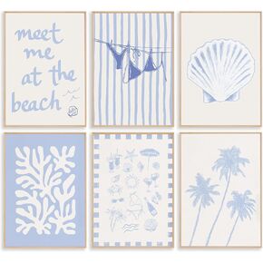 6Pcs Coastal Granddaughter Wall Art Blue Shell Bikini Wall Decor Starfish Palm Tree Poster Prints Artwork Meet Me At The Beach Preppy Aesthetic for Girly Room Dorm Apartment Home Decoration