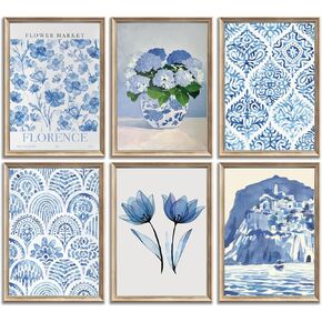 6Pcs Blue coastal Wall Art Flowers Aesthetic Wall Decor Pictures Trendy Minimalist Posters Prints Hydrangeas painting Preppy Artwork for Bedroom Gallery Home Decoration,8x10in Unframed