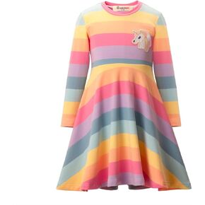WELAKEN Cotton Sequins Unicorn Rainbow Stripes Dress for Girls Toddler & Kids II Little Girl's Long Sleeve Casual Dresses