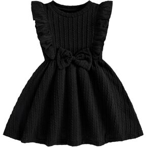 Hilinker Toddler Girls Summer Ruffle Dress Cute Ribbed Knit Knee Length Bow Dress