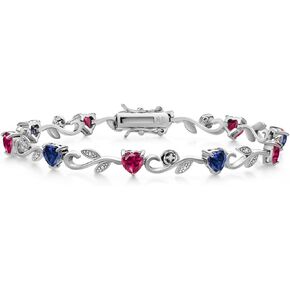 Gem Stone King 925 Sterling Silver Heart Shape Blue Created Sapphire Red Created Ruby and Round White Lab Grown Diamond Greek Vine Flower Tennis Bracelet For Women (5.54 Cttw, 7.5 Inch)