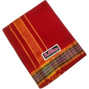 Kolakeer Men's Cotton Color Dhoti With Elegant Border - 4 Mulam/1.9 Mtrs Arunachalam Style Border Single Layer Veshti Mundu (Red)