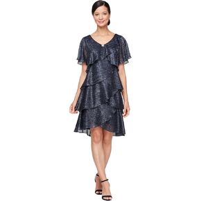 S.L. Fashions Women's V-Neck Tiered Boudre Cocktail Dress with Crystal Beaded Detail, Wedding Guest Gown (Plus Size)