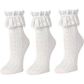 3 Pairs Womens Lace Ankle White Ruffle Frilly Dress Sexy Mesh Lace Trim Lolita Sock Lacy Ruffled Bootie Socks