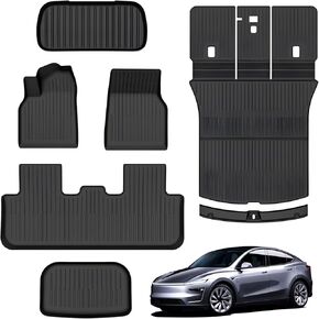 Floor Mats for Tesla Model Y Juniper 2025, Set of 7 Mats All Weather TPE Waterproof Anti-Slip Front & Rear Trunk Mats Cargo Liners Rear Door Sill Cover, Custom Fit for Tesla 5-Seater
