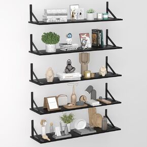 Floating Shelves for Wall Set of 5, 24 Inches Wall Mounted Shelves Black, Rustic Wood Shelves for Wall Decor and Storage, Easy to Install Floating Shelves for Bedroom, Bathroom, Living Room, etc