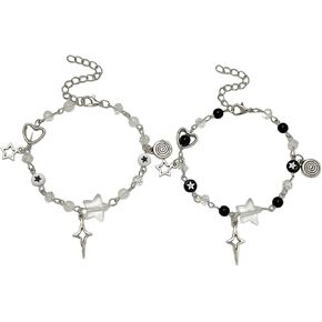 Datoa 2 PCS Y2K Cool Punk Hollow Pentagram Beaded Bercelet Handmade Guitar Guthic Star Bracelet للأزواج أصدقاء BFF BFF Jewelry GIFTS