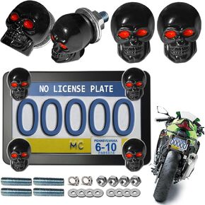 Motorcycle License Plate Frame with Skull License Plate Screws Bolts and Nuts, Black Stainless Steel Tag Plate Holder Bracket Fasteners Kit for Motorbike
