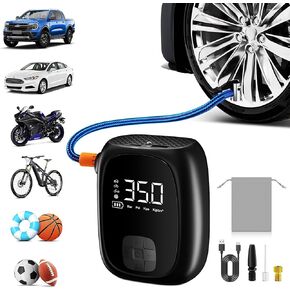 Tire Inflator Portable Air Compressor – Dual Power Mode, Built-in Battery & 12V Car Plug | Fast Inflation, Auto Shut-Off, Dual Pressure Display & LED Light for Cars, Motorcycles, Father's Day Gifts