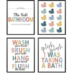 Locomiss Kids Rubber Duck Bathroom Set Wall Art Decor Posters, Kids Boys Girls Bathroom Accessories Rules Decor Sets, Wall Art for Boys Girls Toddler Accessories, Set of 4 (8x10 Unframed)
