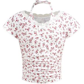 OYOANGLE Girl's Ditsy Floral Print Ruched Short Sleeve Tee Shirt Lace Trim Slim Fitted Halter Top