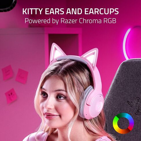 Razer Kraken Kitty V2 BT Wireless RGB Headset: Chroma RGB Kitty Ears & Earcups - Bluetooth 5.2-40 mm Drivers - Noise-Cancelling Mics - Lightweight - 40 Hr Battery w/Type C Charging - Quartz Pink in Saudi Arabia