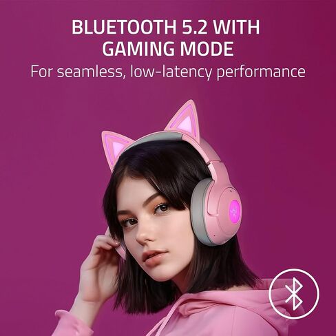 Razer Kraken Kitty V2 BT Wireless RGB Headset: Chroma RGB Kitty Ears & Earcups - Bluetooth 5.2-40 mm Drivers - Noise-Cancelling Mics - Lightweight - 40 Hr Battery w/Type C Charging - Quartz Pink in Saudi Arabia