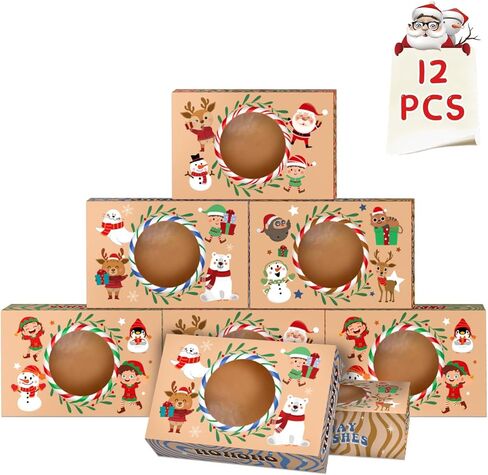 Easykart 12 PCs Christmas Bakery Cookie Gift Box (8.75" x 5.75" x 2.75") in 3 Designs, Colorful Patterns with Window for Pastries, Cupcakes, Cookies, Brownies, Donuts, and Gift-Giving in Kuwait