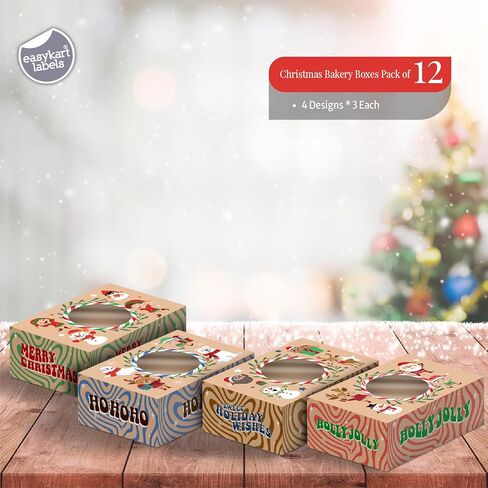 Easykart 12 PCs Christmas Bakery Cookie Gift Box (8.75" x 5.75" x 2.75") in 3 Designs, Colorful Patterns with Window for Pastries, Cupcakes, Cookies, Brownies, Donuts, and Gift-Giving in Kuwait