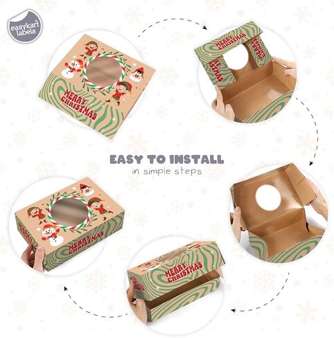 Easykart 12 PCs Christmas Bakery Cookie Gift Box (8.75" x 5.75" x 2.75") in 3 Designs, Colorful Patterns with Window for Pastries, Cupcakes, Cookies, Brownies, Donuts, and Gift-Giving in Kuwait