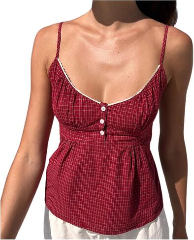 Women Floral Print Cami Top Y2k Spaghetti Strap Lace Camisole Fairy Grunge Scoop Neck Button Down Tie Back Tank Top in Kuwait
