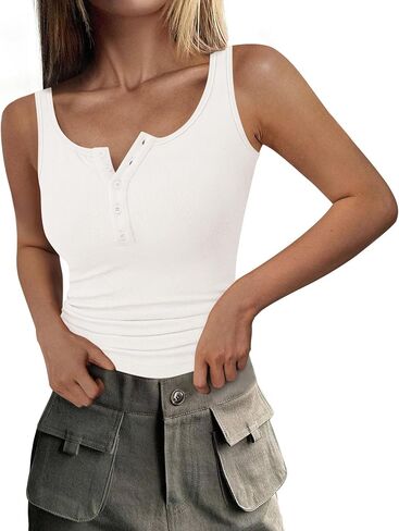 PRETTYGARDEN Womens 2025 Summer Tank Tops Ribbed Knit Slim Fit Sleeveless Henley Shirts Casual Basic Button Up Blouse in Saudi Arabia
