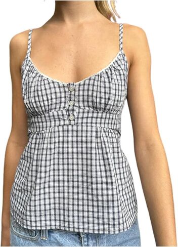 Women Floral Print Cami Top Y2k Spaghetti Strap Lace Camisole Fairy Grunge Scoop Neck Button Down Tie Back Tank Top in Kuwait
