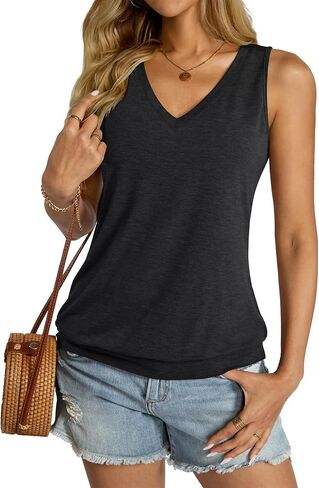 Womens V Neck Tank Tops Sleeveless Banded Hem Shirts Loose Fit Summer Outfits Clothes 2025 in Kuwait