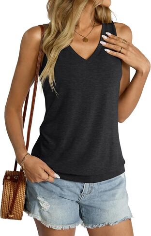 Womens V Neck Tank Tops Sleeveless Banded Hem Shirts Loose Fit Summer Outfits Clothes 2025 in Kuwait