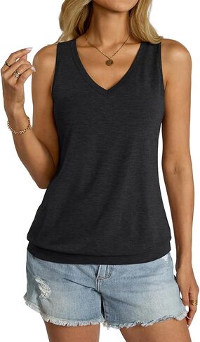 Womens V Neck Tank Tops Sleeveless Banded Hem Shirts Loose Fit Summer Outfits Clothes 2025 in Kuwait