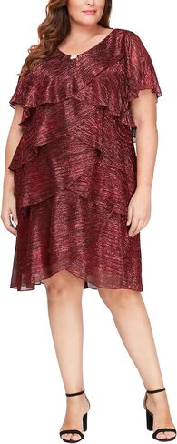 S.L. Fashions Women's V-Neck Tiered Boudre Cocktail Dress with Crystal Beaded Detail, Wedding Guest Gown (Plus Size) in Saudi Arabia