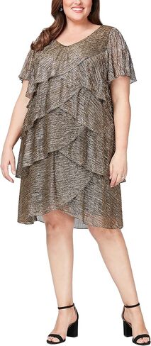 S.L. Fashions Women's V-Neck Tiered Boudre Cocktail Dress with Crystal Beaded Detail, Wedding Guest Gown (Plus Size) in Saudi Arabia