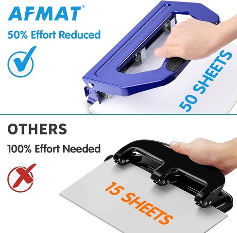 AFMAT Heavy Duty 3 Hole Punch, 50-Sheet 2 Hole Punch, 50% Reduced Effort 3-Hole Puncher, Adjustable Three Hole Punch 2 Hole Paper Punch, Metal Paper Puncher w/Large Chip Tray, Metal Paper Guide in Kuwait