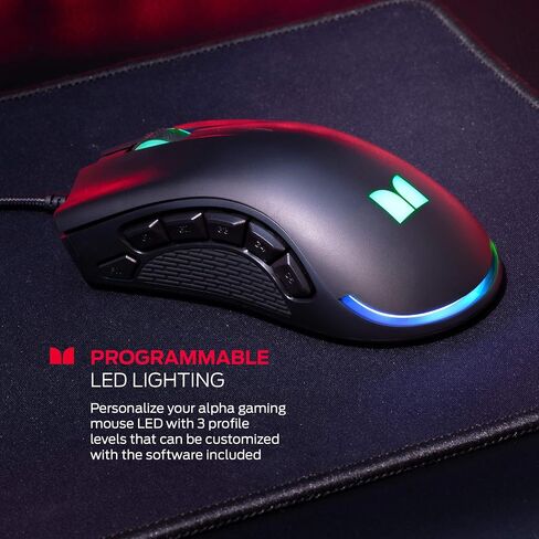 ماوس ألعاب سلكي Monster Alpha 9.0 RGB، أزرار قابلة للتخصيص، إضاءة LED قابلة للبرمجة، 16000 نقطة في البوصة قابلة للتعديل، ماوس ألعاب كمبيوتر بصري مريح مع برنامج قابل للتخصيص - لألعاب الكمبيوتر in Saudi Arabia