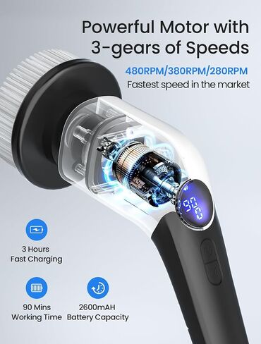 Keimi Electric Spin Scrubber, 2023 New Cordless Scrubber with 7 Replaceable Scrubber Heads, Adjustable Speeds and Extension Handle, Rechargeable Shower Cleaning Brush for Bathtub, Grout, Tile, Floor in Kuwait