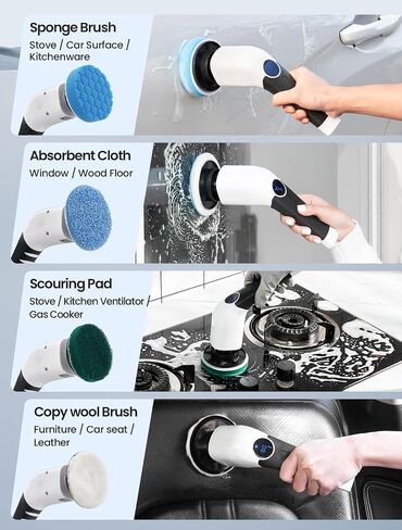 Keimi Electric Spin Scrubber, 2023 New Cordless Scrubber with 7 Replaceable Scrubber Heads, Adjustable Speeds and Extension Handle, Rechargeable Shower Cleaning Brush for Bathtub, Grout, Tile, Floor in Kuwait