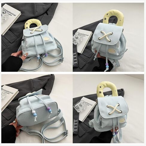 Women Denim Backpack Drawstring Rucksack Casual Style Lightweight Daypack Jean Purse Small Handbag Tote Bag Cute Top Handle Bag Fashion Shoulder Bag for Travel Work Shopping Dark Bule in Saudi Arabia