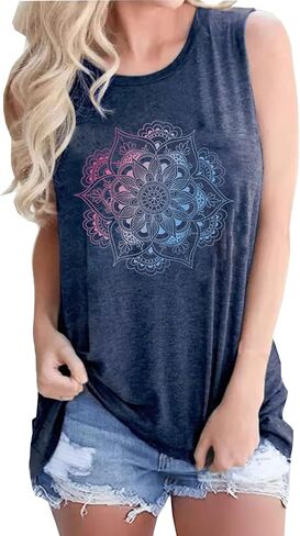 Tank Tops for Women Summer T Shirts Sleeveless Casual Loose Tops Beach Vacation Graphic Tees Mandala Tanks in Saudi Arabia