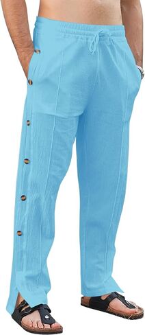 Mens Linen Pants Summer Casual Button Straight Beach Pants Baggy Elastic Waist Drawstring Yoga Trousers with Pockets in Kuwait