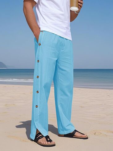 Mens Linen Pants Summer Casual Button Straight Beach Pants Baggy Elastic Waist Drawstring Yoga Trousers with Pockets in Kuwait