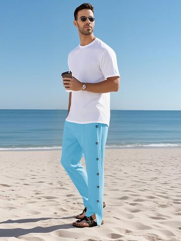 Mens Linen Pants Summer Casual Button Straight Beach Pants Baggy Elastic Waist Drawstring Yoga Trousers with Pockets in Kuwait