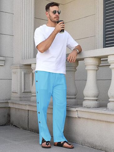 Mens Linen Pants Summer Casual Button Straight Beach Pants Baggy Elastic Waist Drawstring Yoga Trousers with Pockets in Kuwait
