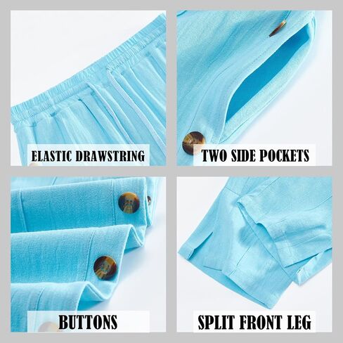 Mens Linen Pants Summer Casual Button Straight Beach Pants Baggy Elastic Waist Drawstring Yoga Trousers with Pockets in Kuwait