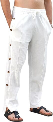 Mens Linen Pants Summer Casual Button Straight Beach Pants Baggy Elastic Waist Drawstring Yoga Trousers with Pockets in Kuwait