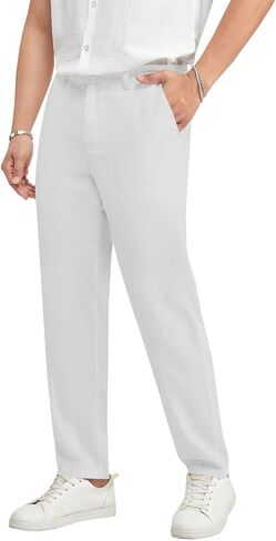 Ryannology Men's Casual Linen Pants Elastic Waist Slim Fit Beach Yoga Business Lightweight Cotton Trousers Pants with Pockets in Kuwait