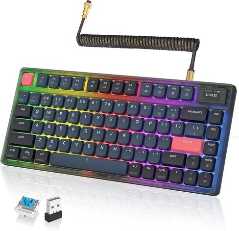 A.JAZZ AK832 Wireless Mechanical Gaming Keyboard 75% Low Profile Gasket with 2.4Ghz/Bluetooth 5.0/Type-c Wired Coiled Cable White Backlight NKRO TKL for Win Mac Gamer Typist (Star Night/Red Switch) in Kuwait