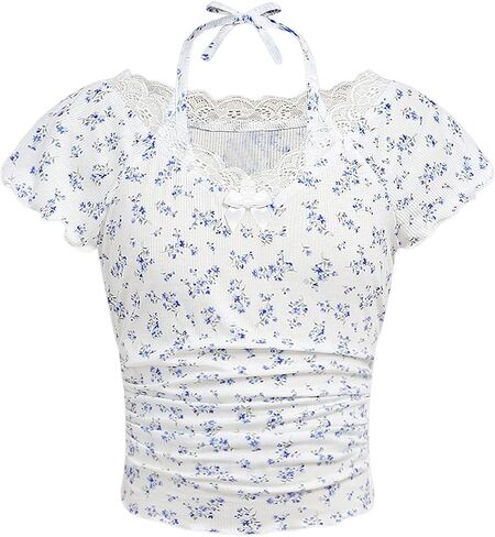 OYOANGLE Girl's Ditsy Floral Print Ruched Short Sleeve Tee Shirt Lace Trim Slim Fitted Halter Top in Saudi Arabia
