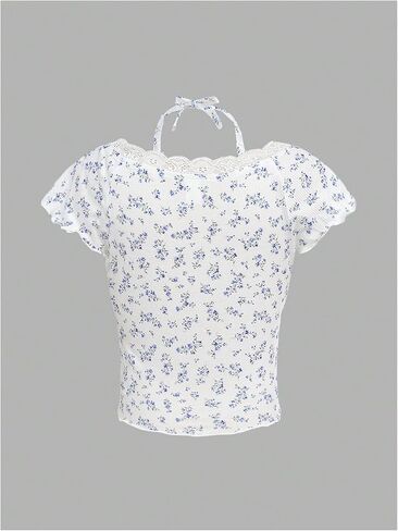 OYOANGLE Girl's Ditsy Floral Print Ruched Short Sleeve Tee Shirt Lace Trim Slim Fitted Halter Top in Saudi Arabia