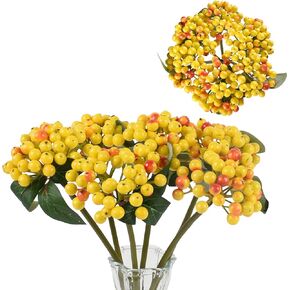 Artificial Holly Berry Stems 6pcs Fake Yellow Berry Branches, 11.4 Inch Faux Holly Berries for Home, Kitchen, Window Decor