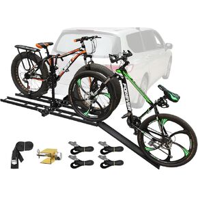 منصة رف دراجة رف شبان مع منحدر لدراجتين - رف ebike احتواء إطارات الدهون تصل إلى 200 رطل - رفوف سيارة الدراجات لسيارات الدفع الرباعي ، شاحنة ، رف ، حاملة الدراجات الكهربائية لمقطورة السحب مع جهاز استقبال 2 بوصة