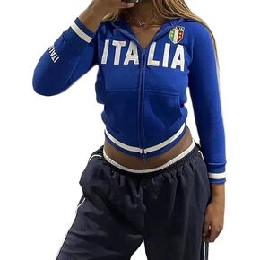 heyheyshine Women's Zip Up Hoodies Y2k Cropped Cardigan Jacket Italia Graphic Vintage Drawstring Hooded Sweatshirts
